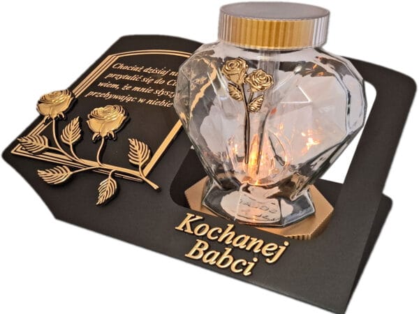 BABCIA BABCI SOLARNY ZNICZ LAMPION NA GRÓB SERCE SZKŁO ZŁOT SKOS SENTENCJA