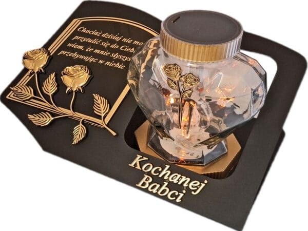 BABCIA BABCI SOLARNY ZNICZ LAMPION NA GRÓB SERCE SZKŁO ZŁOT SKOS SENTENCJA