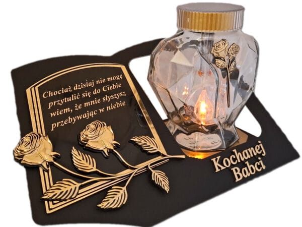 BABCIA BABCI SOLARNY ZNICZ LAMPION NA GRÓB SERCE SZKŁO ZŁOT SKOS SENTENCJA