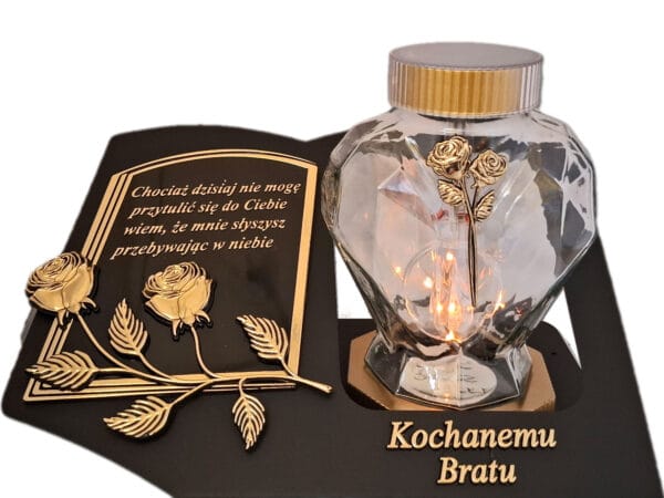 BRAT BRATU SOLARNY ZNICZ LAMPION NA GRÓB SERCE SZKŁO ZŁOTO SKOS SENTENCJA