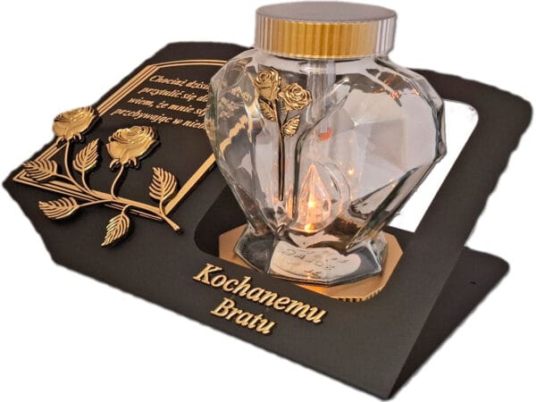 BRAT BRATU SOLARNY ZNICZ LAMPION NA GRÓB SERCE SZKŁO ZŁOTO SKOS SENTENCJA