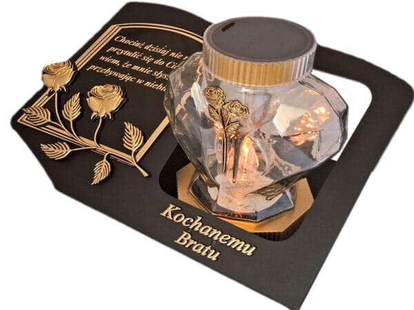 BRAT BRATU SOLARNY ZNICZ LAMPION NA GRÓB SERCE SZKŁO ZŁOTO SKOS SENTENCJA