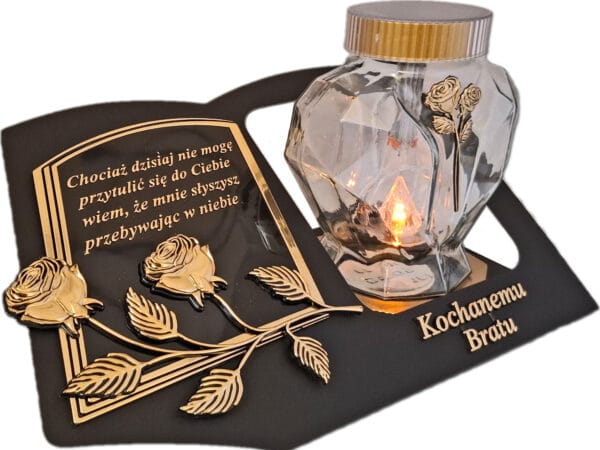 BRAT BRATU SOLARNY ZNICZ LAMPION NA GRÓB SERCE SZKŁO ZŁOTO SKOS SENTENCJA