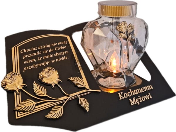 MĄŻ MĘZOWI SOLARNY ZNICZ LAMPION NA GRÓB SERCE SZKŁO ZŁOTO SKOS SENTENCJA