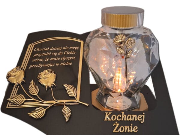 ŻONA ŻONIE SOLARNY ZNICZ LAMPION NA GRÓB SERCE SZKŁO ZŁOTO SKOS SENTENCJA