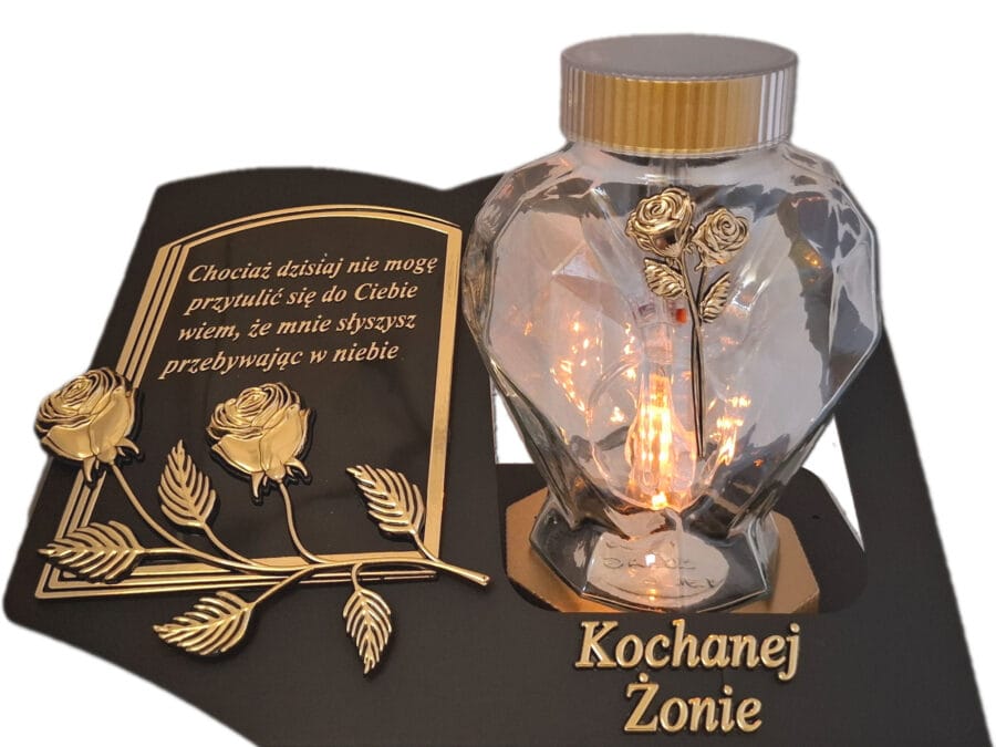 ŻONA ŻONIE SOLARNY ZNICZ LAMPION NA GRÓB SERCE SZKŁO ZŁOTO SKOS SENTENCJA