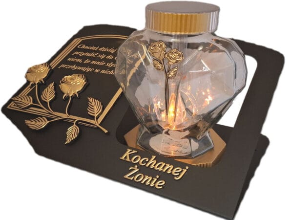 ŻONA ŻONIE SOLARNY ZNICZ LAMPION NA GRÓB SERCE SZKŁO ZŁOTO SKOS SENTENCJA