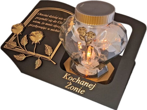 ŻONA ŻONIE SOLARNY ZNICZ LAMPION NA GRÓB SERCE SZKŁO ZŁOTO SKOS SENTENCJA
