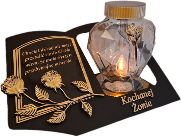 ŻONA ŻONIE SOLARNY ZNICZ LAMPION NA GRÓB SERCE SZKŁO ZŁOTO SKOS SENTENCJA
