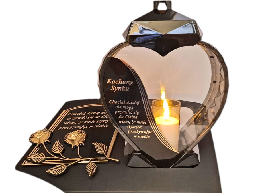 blach-synku-zlot-sw3.jpg SYN SYNOWI ZNICZ LAMPION NA GRÓB SERCE ZŁOTO SKOS SENTENCJA+ ŚWIECA