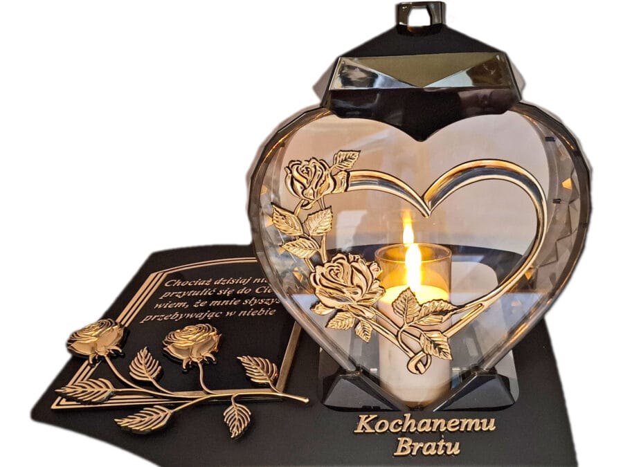 BRAT BRATU ZNICZ LAMPION NA GRÓB SERCE I SERCE ZŁOTO SKOS SENTENCJA+ ŚWIECA