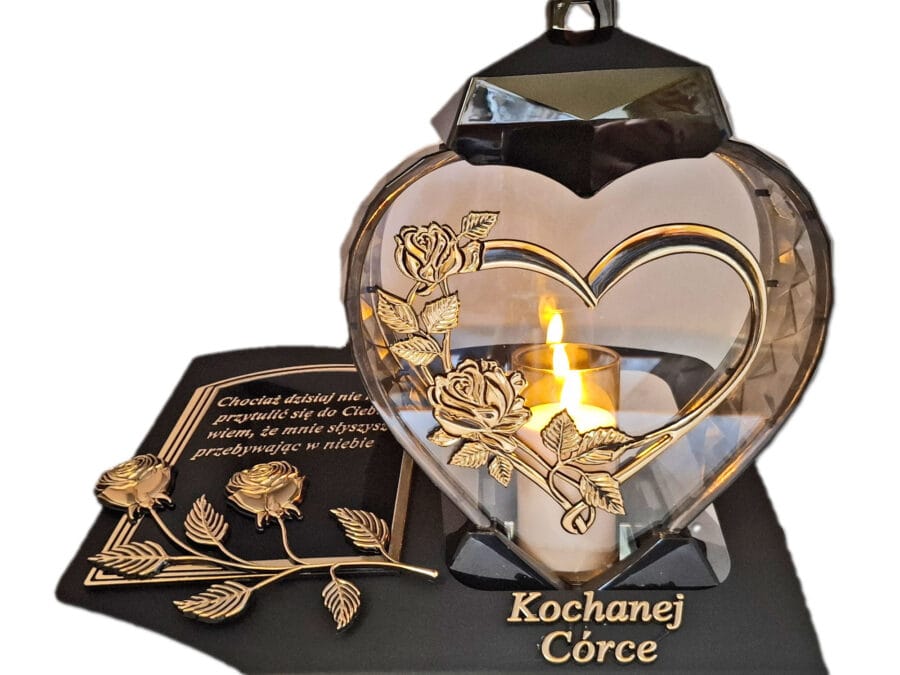 CÓRKA CÓRCE ZNICZ LAMPION NA GRÓB SERCE I SERCE ZŁOT SKOS SENT+ ŚWIECA