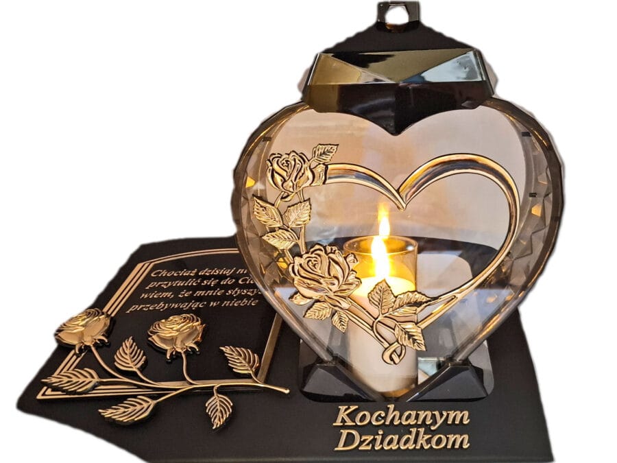 DZIADKOM ZNICZ LAMPION NA GRÓB SERCE I SERCE ZŁOTO SKOS SENTENCJA+ ŚWIECA