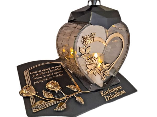 DZIADKOM ZNICZ LAMPION NA GRÓB SERCE I SERCE ZŁOTO SKOS SENTENCJA+ ŚWIECA