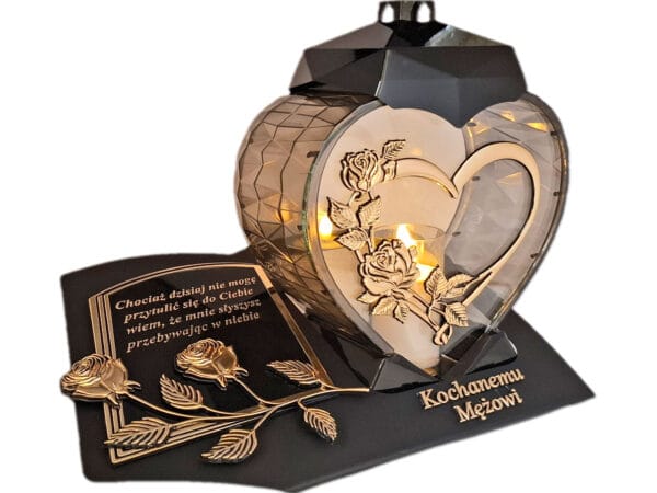 MĄŻ MĘŻOWI ZNICZ LAMPION NA GRÓB SERCE I SERCE ZŁOTO SKOS SENTENCJA+ ŚWIECA