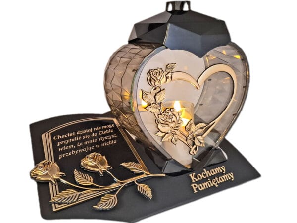 PAMIĘTAMY ZNICZ LAMPION NA GRÓB SERCE I SERCE ZŁOTO SKOS SENTENCJA+ ŚWIECA