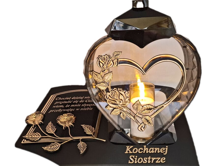 SIOSTRA SIOSTRZE ZNICZ LAMPION NA GRÓB SERCE I SERCE ZŁOT SKOS SENT+ ŚWIECA