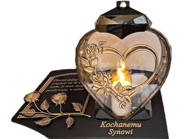 blach-ser-imp-syn-zlo-sw3.jpg SYN SYNOWI ZNICZ LAMPION NA GRÓB SERCE I SERCE ZŁOTO SKOS SENTENCJA+ ŚWIECA