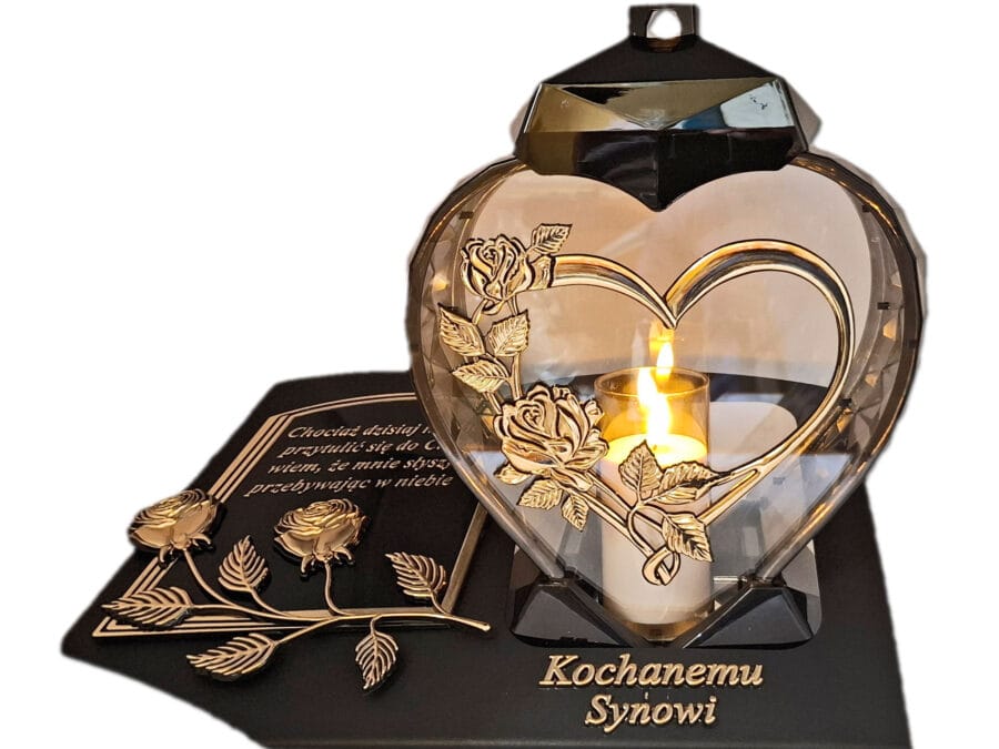 blach-ser-imp-syn-zlo-sw3.jpg SYN SYNOWI ZNICZ LAMPION NA GRÓB SERCE I SERCE ZŁOTO SKOS SENTENCJA+ ŚWIECA