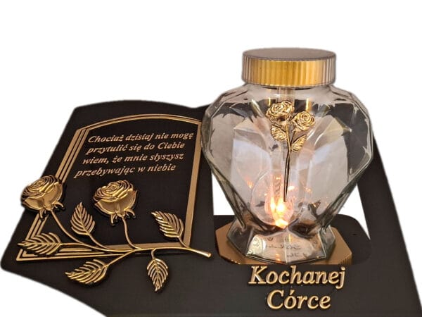 CÓRKA CÓRCE SOLARNY ZNICZ LAMPION NA GRÓB SERCE SZKŁO ZŁOTO SKOS SENTENCJA