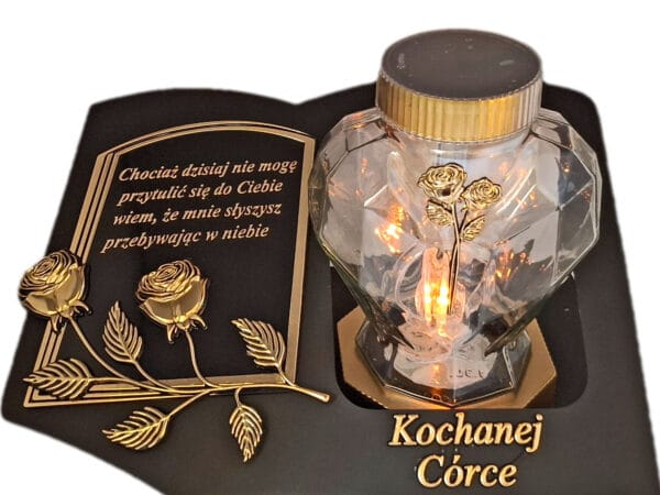 CÓRKA CÓRCE SOLARNY ZNICZ LAMPION NA GRÓB SERCE SZKŁO ZŁOTO SKOS SENTENCJA